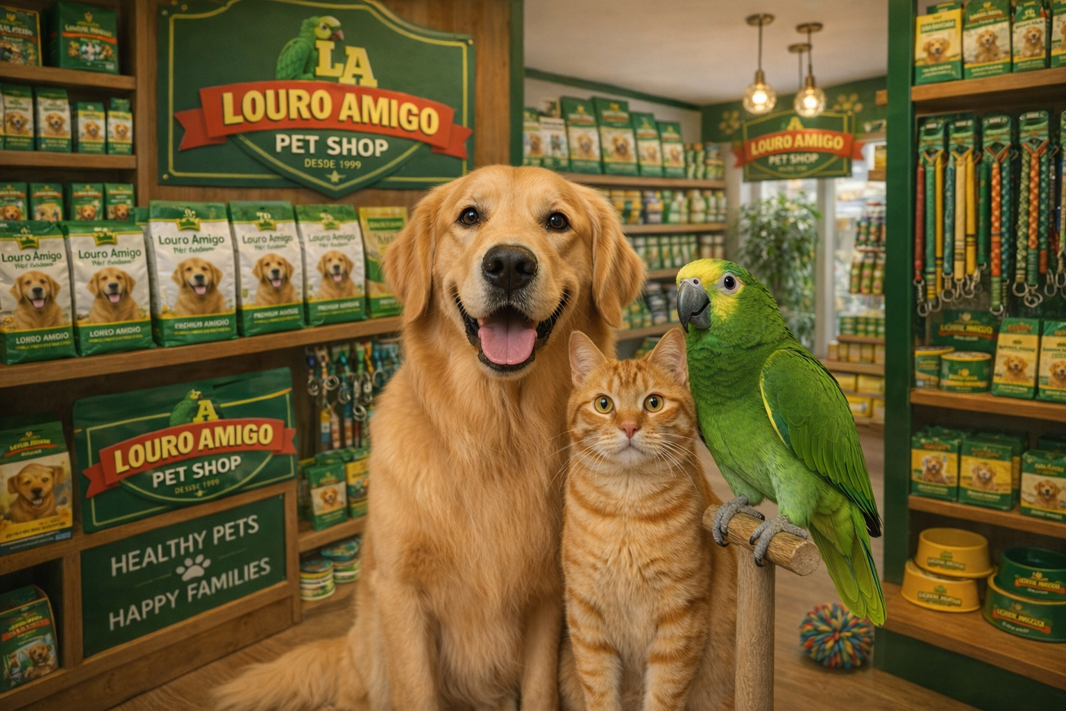 Cachorro Golden Retriever e gato felizes em um pet shop